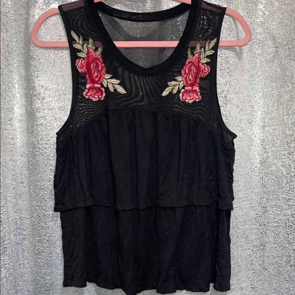 Black Sleeveless Top with Floral Embroidery